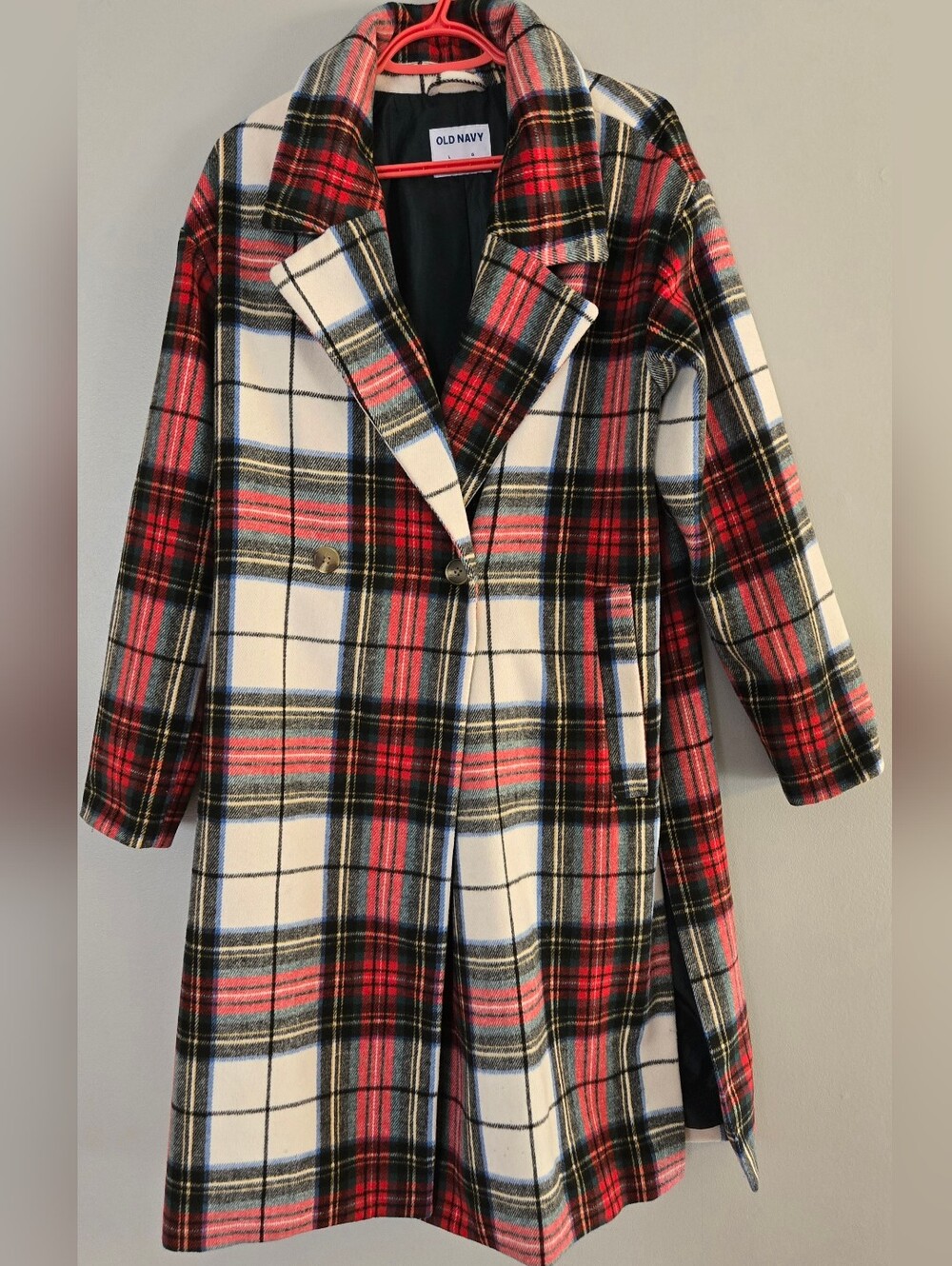 Old Navy Long Slouchy Double Breasted Coat Women Size L Red White Plaid
